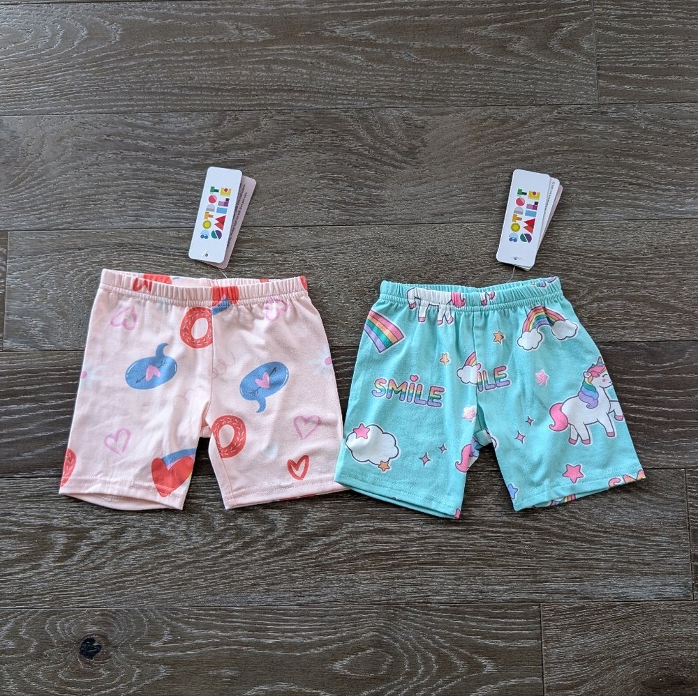 NWT Dot Dot Smile Lot of 2 Heart Unicorn Rainbow Kick Shorts Size 3/4